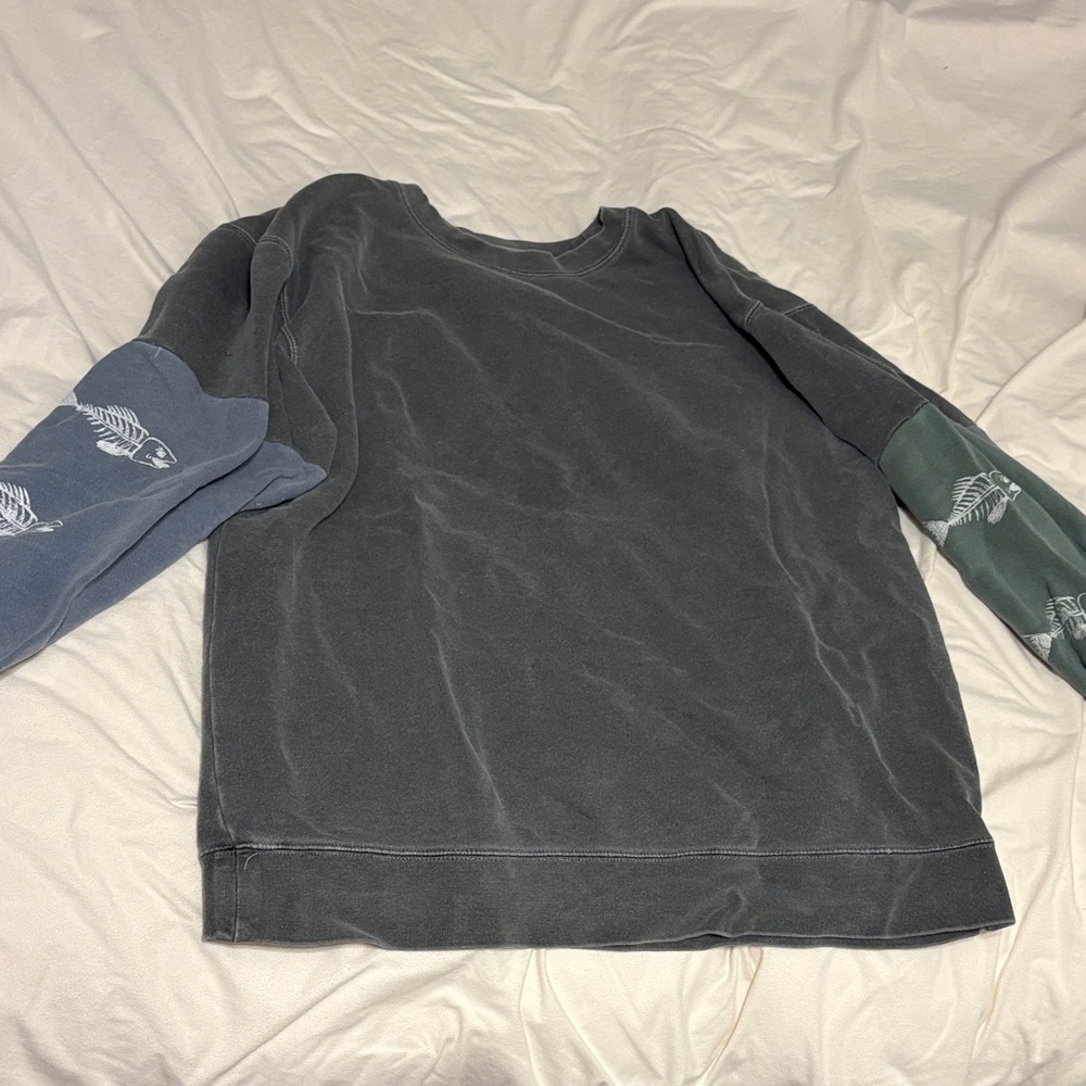 Gray Sweatshirt with Fish Print Sleeves